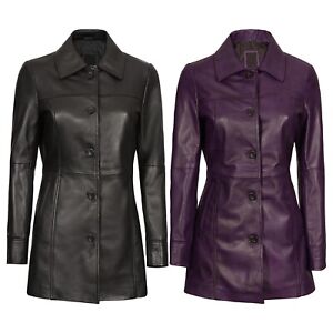 Mid-Length Black/Purple Casual Party Travel Genuine Lambskin Leather Trench Coat