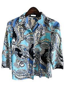 Chico's No Iron Womens Blouse Shirt Size 0 Small Blue  Floral Paisley Button Up
