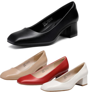 Women Low Chunky Block Heel Square Close Toe Office Work Slip On Pump Shoes