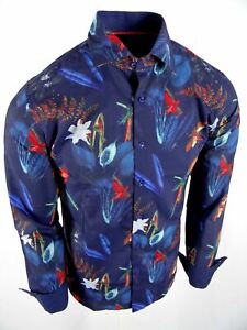 Mens Luxury Shirt Blue Colorful Tropical Floral Prints Slim Fit Designer Casual