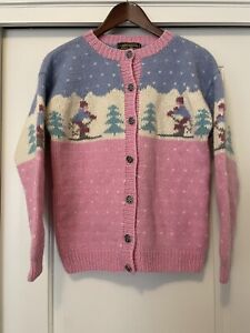 Vintage 80s Women’s Medium Eddie Bauer Apres Ski Wool Cardigan Sweater Pink Blue