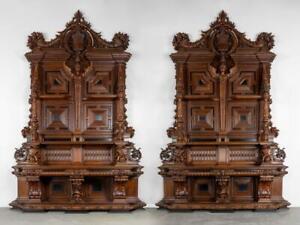 Monumental Matched Pair Italian Castle Buffets in Solid Oak, Inscribed by Maker