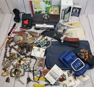 Junk Drawer Vintage Huge Lot Phone Wallet Military Jewelry Tie Tacs Post Cards