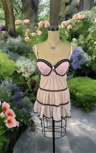 Pink Sheer Lace Babydoll Lingerie Top Dress Ruffle Coquette Fairy Bows Y2K XL