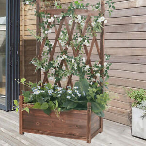 Wood Planter Box w/ Diamond Lattice Trellis Raised Garden Bed w/ Drainage Holes