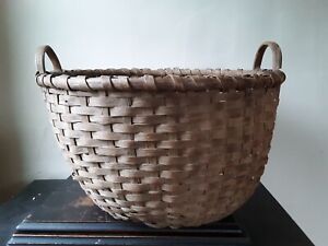 Antique HUGE Handmade Round Wooden Basket- With Handles- Primitive- 21 x 13
