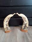 New ListingVTG MATCHING WATER BUFFALO HORNS HAND CARVED PEACOCK GLASS EYES WOOD STAND