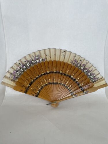 Vintage Hand Painted Paper & Wood Japanese Folding Fan 14” Floral  NICE