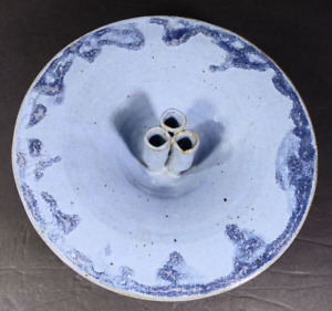 New ListingIkebana Studio Art Pottery Flower Frog 3-Holes Blue Hand Thrown Signed