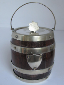 Antique Oak Biscuit Barrel w/ Handle & Porcelain Insert Lid has Shield Biscuit