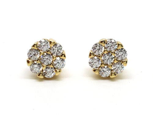 Round Flower Cluster 925 Sterling Silver Yellow gold plate Iced Cz Stud Earrings