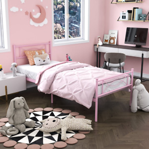 Kids Pink Metal Platform Bed Frame Twin Single Headboard Footboard Bedroom