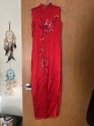 Vintage Red Silk Embroidered Qipao Cheongsam Dress Floral Stunning Antique Gown