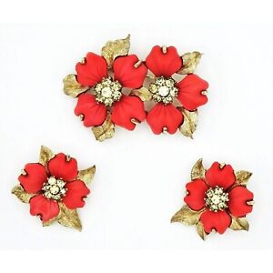 Vintage Jomaz Jewelry Set Brooch Earrings Wild Rose Flowers Rare Coral Colored F
