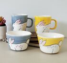Laurie Gates Gates Ware Bunny Flower Mug and Bowl 2 Sets one Blue one Yellow