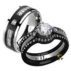 His & Her 4pc Black & Silver Stainless Steel & Titanium Wedding Ring Band Set