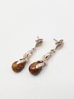 925 Sterling Silver Teardrop Amber Leaf Accent Drop Dangle Earrings