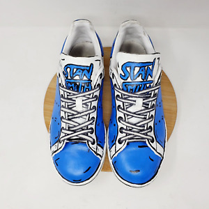 Adidas Stan Smith Shoes Mens 8.5 Blue White Custom Art Cartoon Painted Sneakers