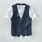 New Men's Casual Cotton Linen Stripe Vest Jackets Pocket Gilet Tops Waistcoat XL