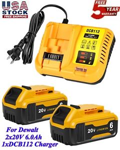 2Pack 20V 6.0AH Battery With FAST Charger For DeWalt XR Lithium  DCB204-2 DCB206