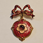 Antique Victorian Red Guilloche Enamel Bow & Medallion Dangle Brooch 1.75 Inches