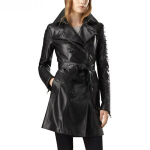 Women's Padded Double-Breasted Black Genuine Lambskin Leather Belted Trench Coat