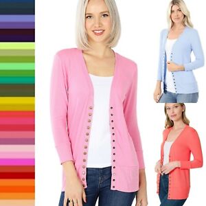 Women's 3/4 Sleeve Snap Button Front Ribbed Detail V Neck Sweater Cardigan