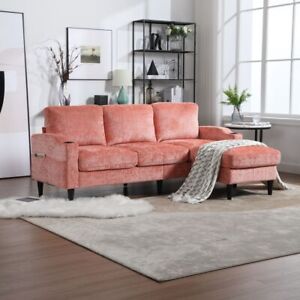 L Shaped Chenille 3 Seat Sofa Set w/Convertible Storage Ottoman & 2 Cup Holders