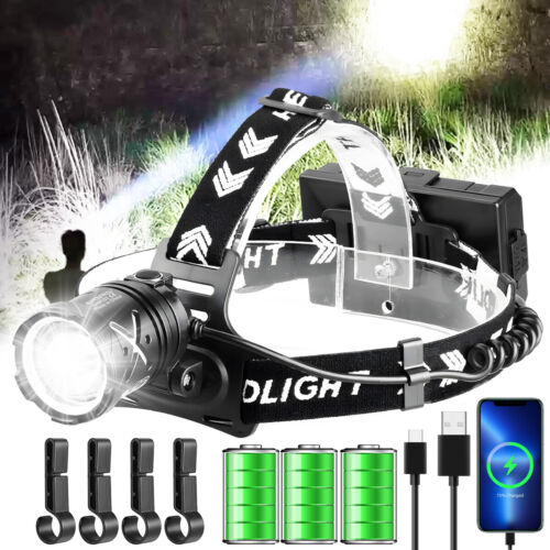 1200000LM LED Headlamp USB Rechargeable Super Bright Zoom Head Torch Headlight