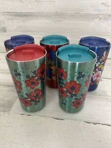 New ListingPioneer Woman Travel Tumbler Coffee  Set Of 5 Blue Red Teal Floral W/ Lids 723
