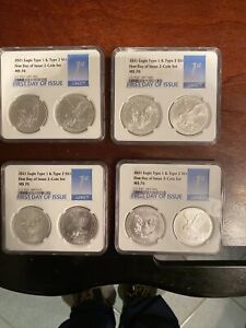 2021 AMERICAN SILVER EAGLE TYPE 1 & 2 COIN SET NGC MS 70 FDOI FIRST DAY OF ISSUE