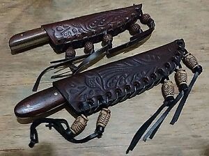 LOT 2 PATCH SCALPING HUNTING BOWIE KNIVES KNIFE W/ BEADED SHEATH CASE !