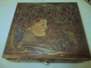 Awesome Antique Deco Inlaid Marquetry Wood Trinket Jewelry Box Victorian Woman
