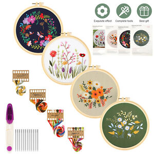 4 Sets Embroidery Starter Kit for Beginners Cross Stitch Stamped DIY Decor Craft
