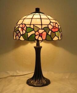 Vintage Slag-Stained Glass Floral Shade Table Lamp Tiffany Style Tree Trunk Base
