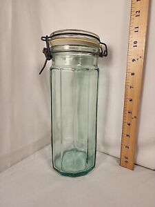 Vintage Teal Blue Green Panel Glass Spaghetti Jar Hermetic Made In Italy