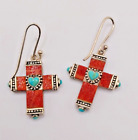 silver cross dangle earrings mother of pearl, coral and turquoise