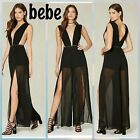 NWT BEBE SOLID DOUBLE SLIT Pleated Jumpsuit Gown Formal Black 0