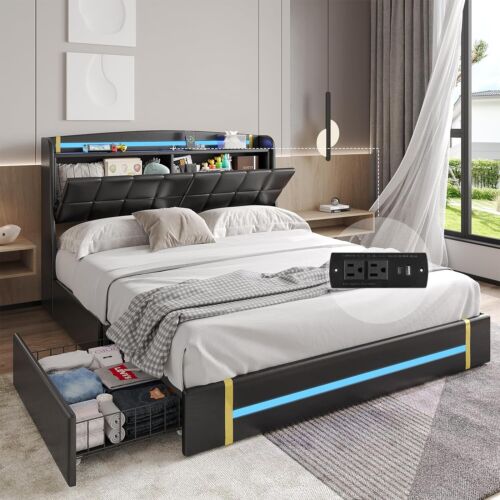 Queen Size Bed Frame with Drawers & Hidden Storage Headboard Platform Bed Frame