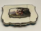 ANTIQUE FRENCH GILDED STERLING SILVER GUILLOCHE BOX W/ PAINTED ENAMEL MEDALLION