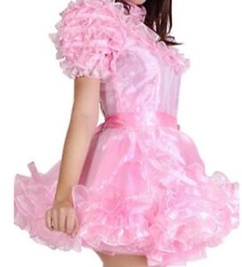 Girl maid sissy pink satin Lockable dress cosplay costume Tailor-made