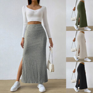 Women Knitted Ribbed Maxi Skirt Ladies High Waist Stretchy Slit Half Dress Size