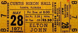 Elton John Concert Ticket 1971 Tampa Florida Curtis Hixon Hall Yellow