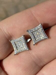 Mens Real 925 Solid Sterling Silver Kite CZ Hip Hop Iced Square Earrings 10mm