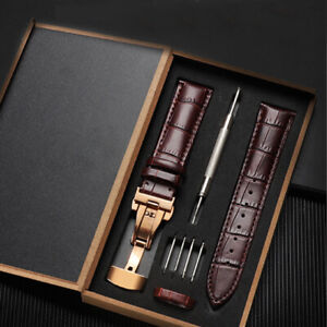 18mm-24mm Genuine Leather Butterfly Clasp Buckle Watch Band Strap Wristwatch
