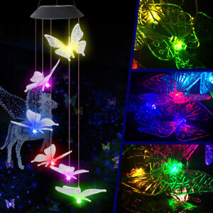 Large Crystal Butterfly Wind Chime Solar Powered Lights Color-Changing Decor