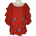 SCULLY Womens Size L  Red Western Embroidered Off The Shoulder Ruffle Sleeve Top