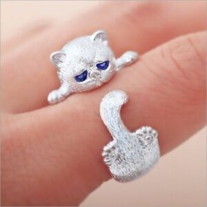 Cute 925 Silver Kitty Ring Elegant Women Jewelry  Adjustable Cat Ring Gift