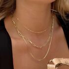 Woman 18K Gold Plated 3 Layer Paper Clip Box Chain Necklace Rolo Link