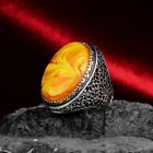 Large Amber Stone Ring, Men Silver Ring, Ottoman Natural Amber Gemstone ring .